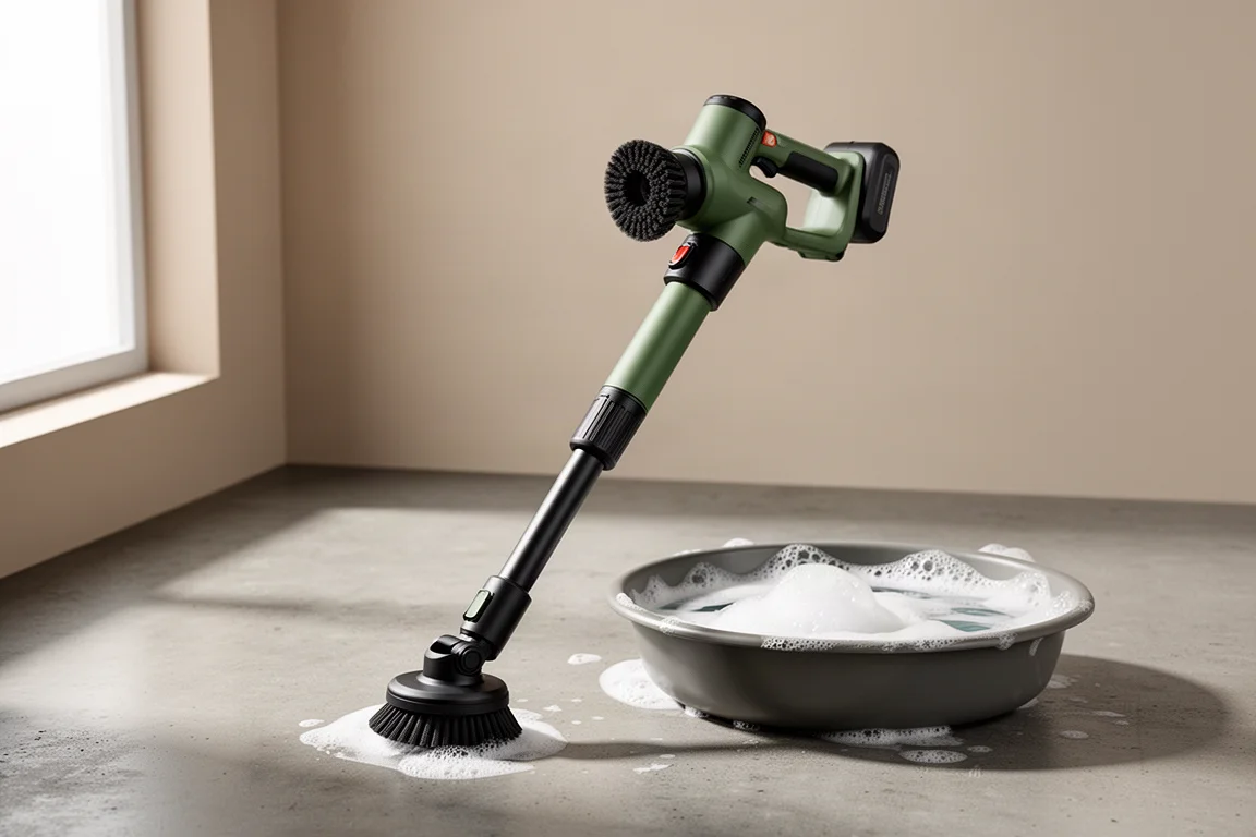 Ryobi 4-V telescoping power scrubber with extended shaft and brush head on concrete