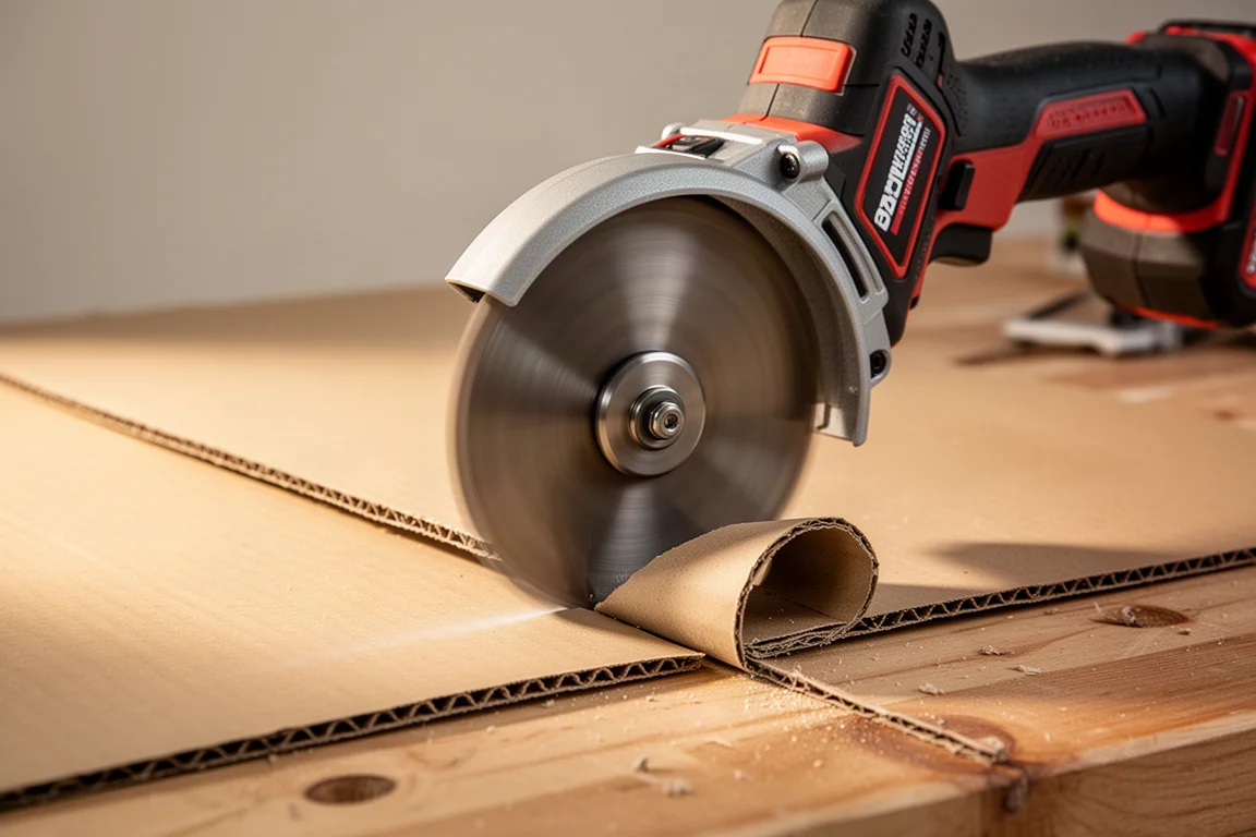 Compact cordless power cutter slicing through cardboard on a workbench