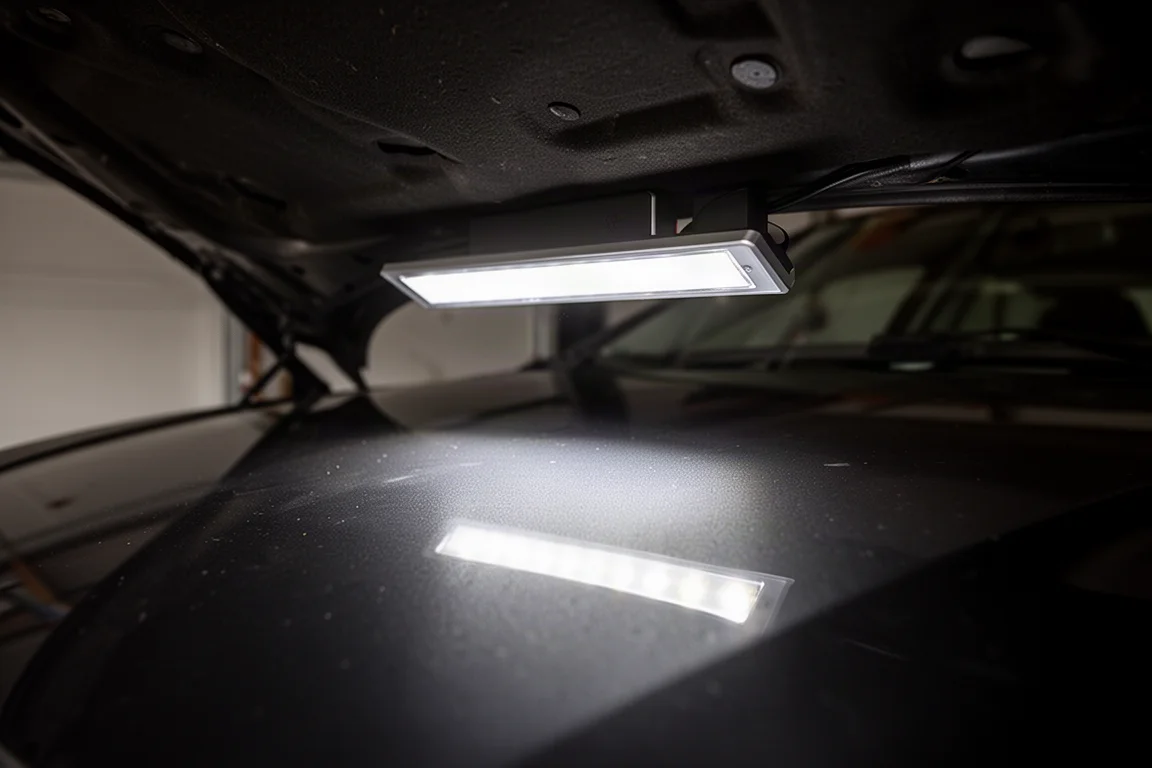 Magnetic inspection light attached to a car hood illuminating paintwork