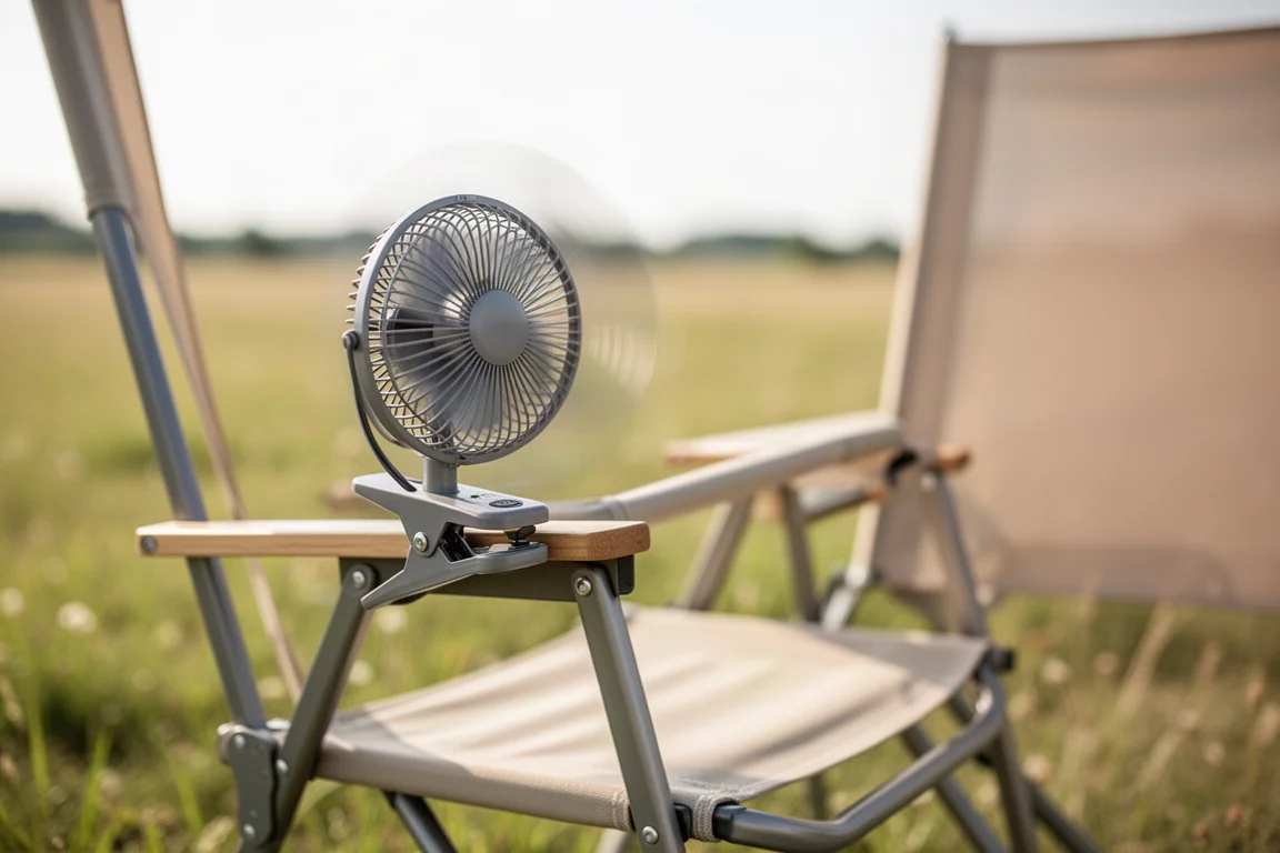 Miniature clip-on fan attached to a chair at a sunny sports field