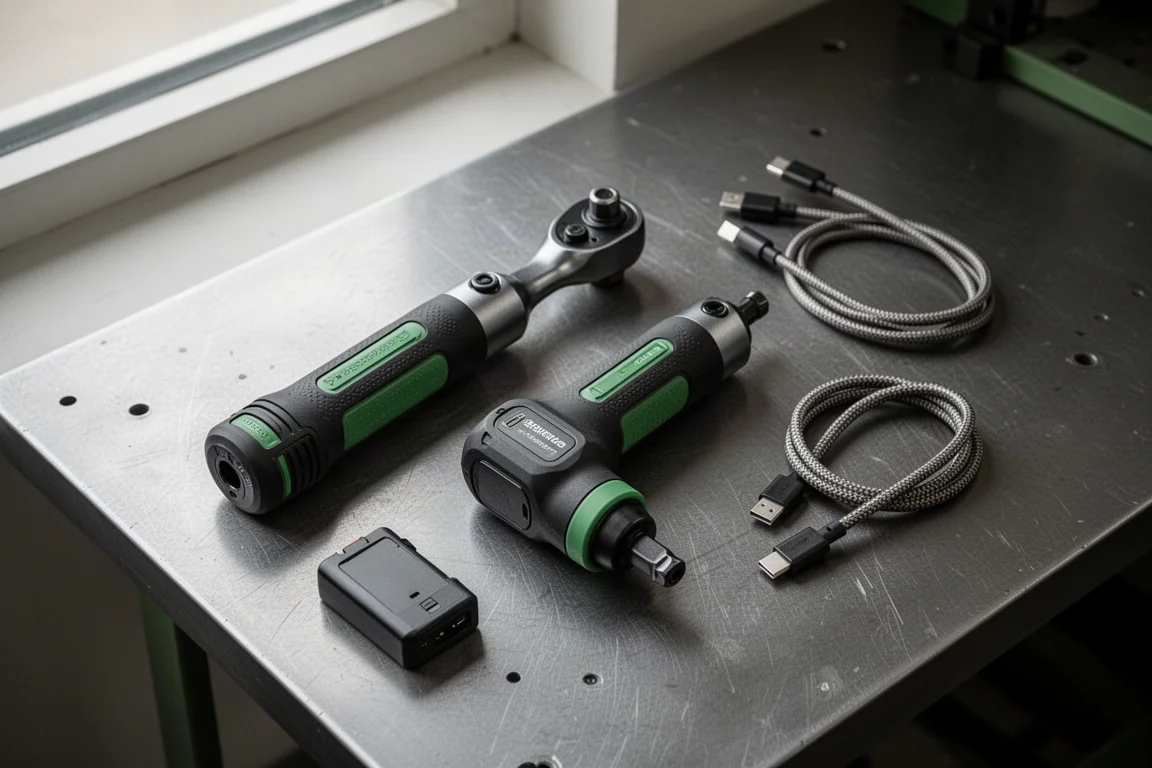 Two compact cordless ratchets and charging cables laid out on a workbench
