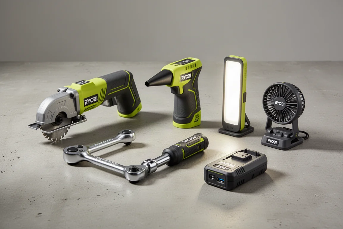 Collezione di utensili elettrici compatti Ryobi 4V disposti su una superficie in cemento