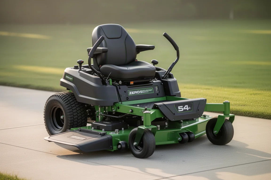 Ryobi 54 inch electric battery zero turn mower on a concrete driveway