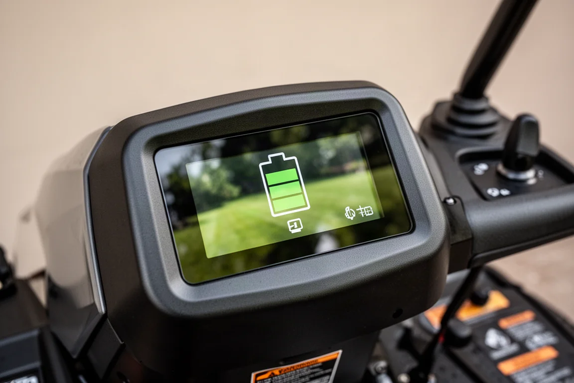 Comfortable padded high-back seat and joystick control on a riding mower