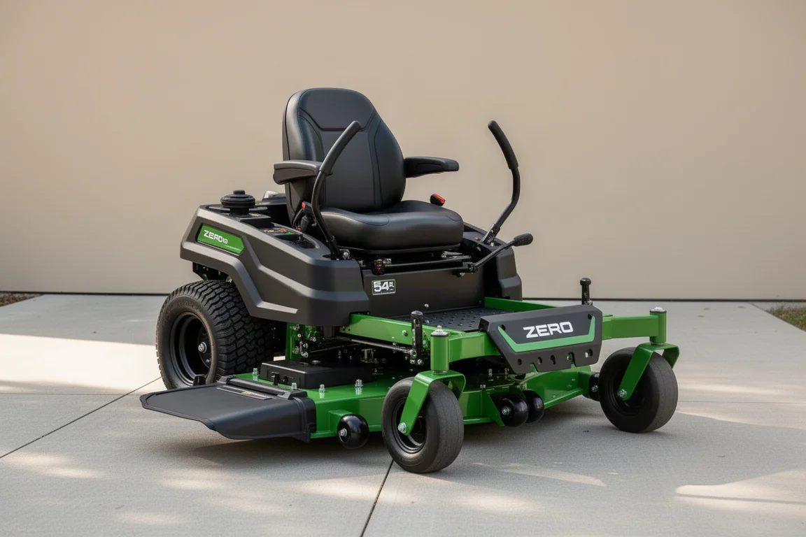 Ryobi 54-inch 80V battery zero turn mower parcheggiato su un prato tagliato