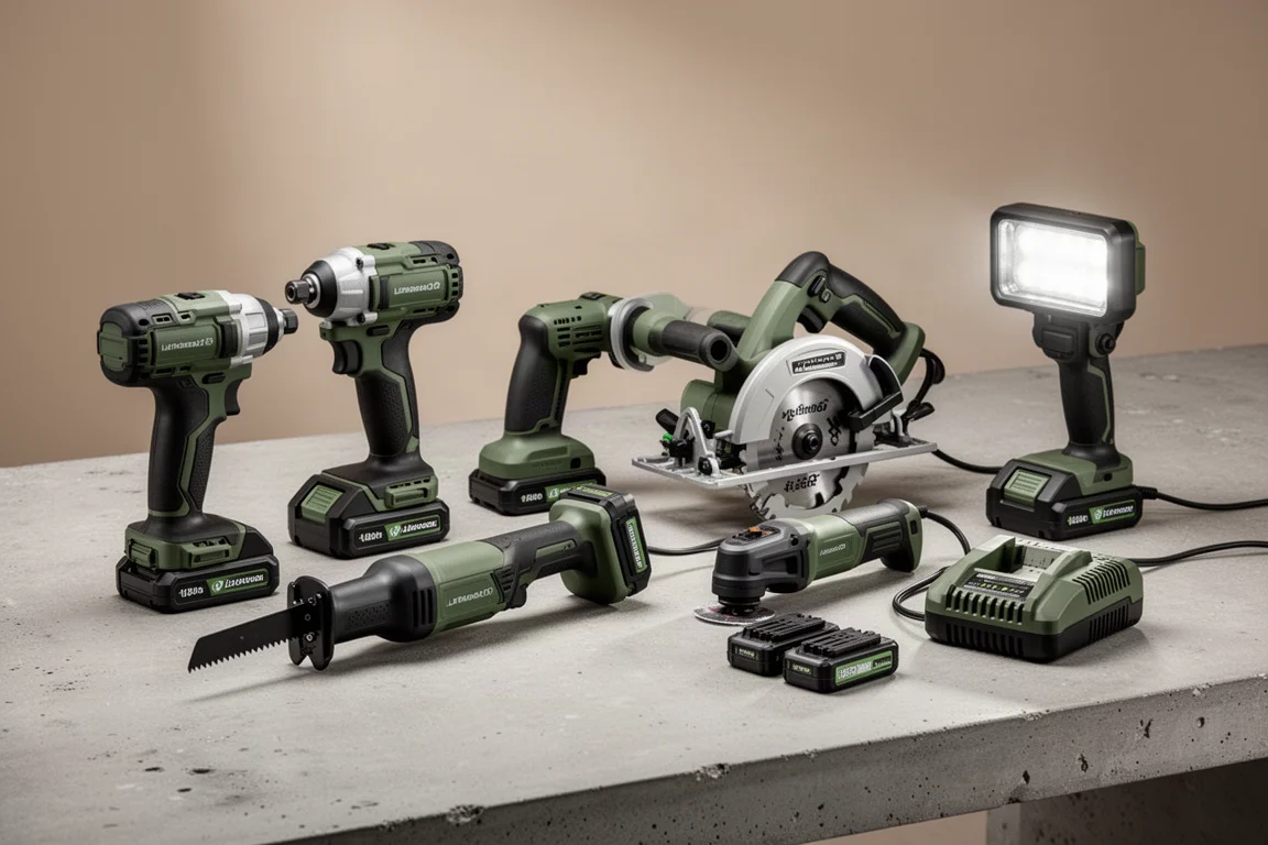 Set combinato Ryobi di sei utensili a batteria con batterie e caricabatterie su una superficie in cemento