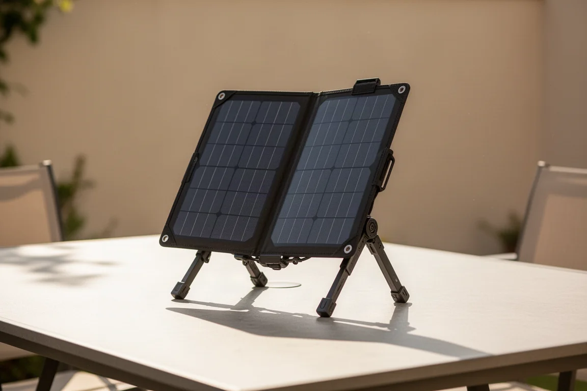 Faltbares Solarpanel, im hellen Sonnenlicht draußen auf seinen Beinen aufgestellt