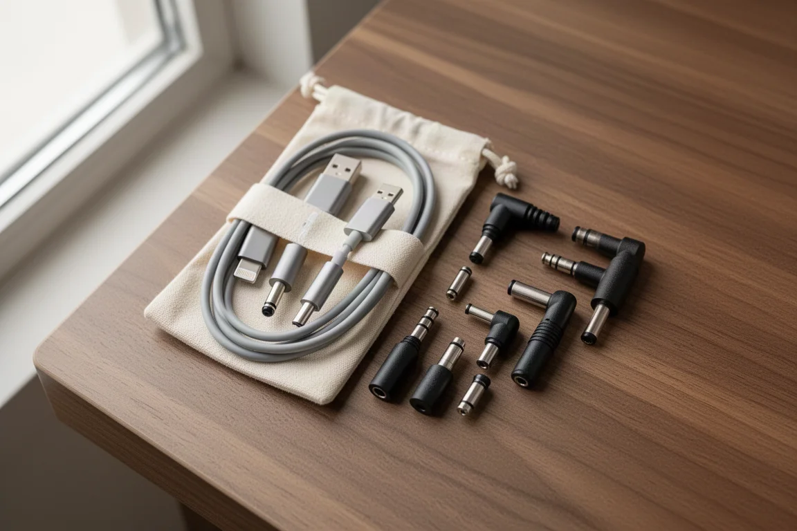 Nahaufnahme von USB-C- und Hohlsteuer-Adapterkabeln auf einer Holzoberfläche