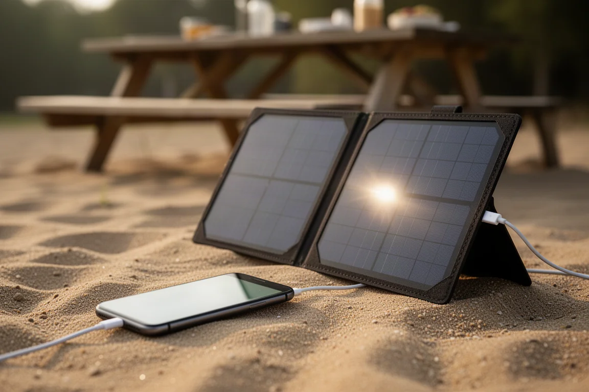 Smartphone, das am Boden neben einem aufgeklappten Solarpanel in der Sonne geladen wird