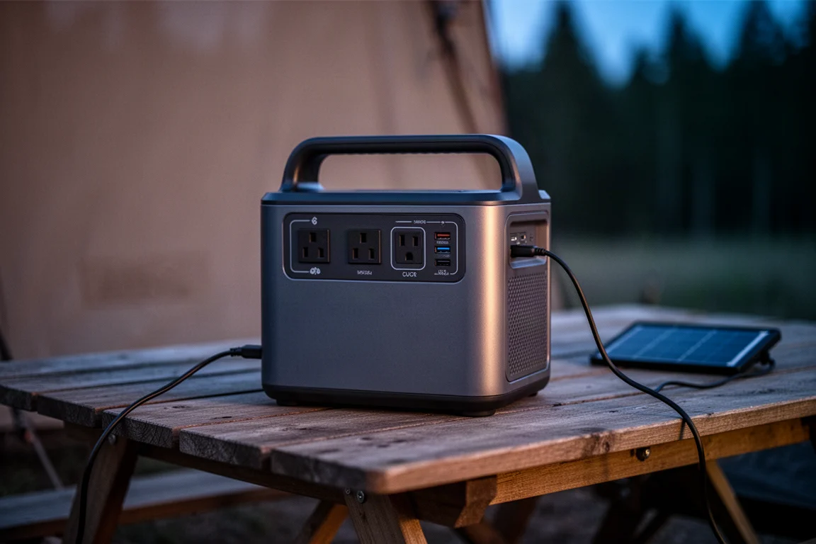 Tragbare Powerstation mit mehreren Ausgängen auf einem Campingtisch in der Abenddämmerung