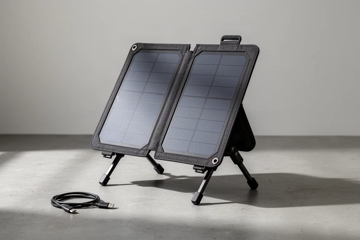 Pannello solare pieghevole da 60W appoggiato sulle gambe regolabili con un cavo USB-C nelle vicinanze