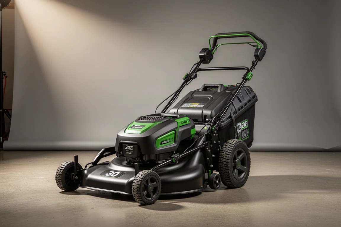 Rasaerba a batteria Ryobi autotrazione da 80 volt e 30 pollici su pavimento in cemento