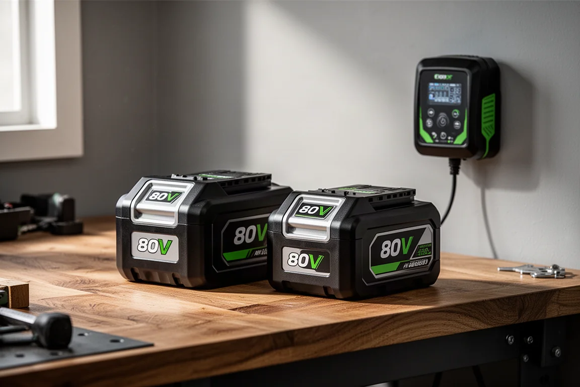 作業台の上に置かれた黒色の80Vバッテリーパックとコンパクトな充電器