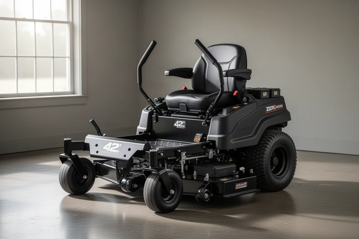 Trattorino tagliaerba elettrico zero turn nero con piatto in acciaio da 42 pollici su un pavimento di cemento in garage