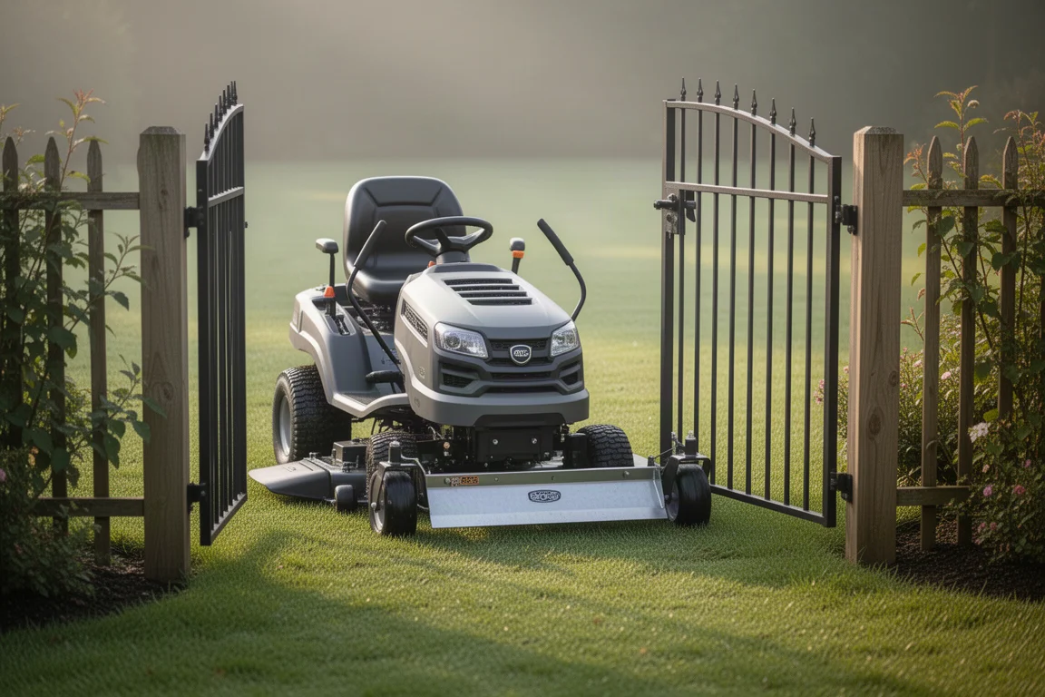 Compact riding mower passing through a narrow garden gate