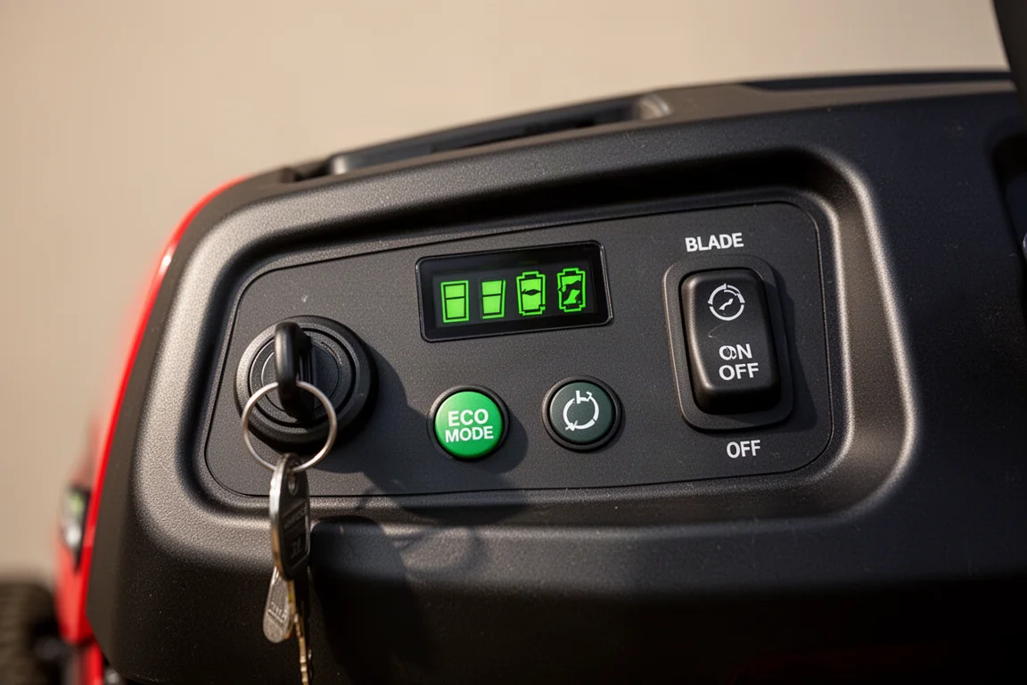 Digital control panel with LED display on a riding mower dashboard