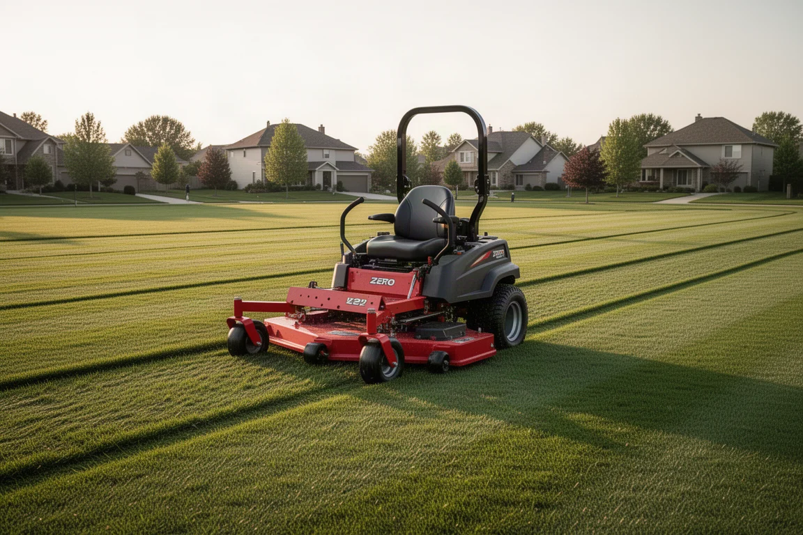 Zero-turn mower cutting a wide open lawn in straight lines