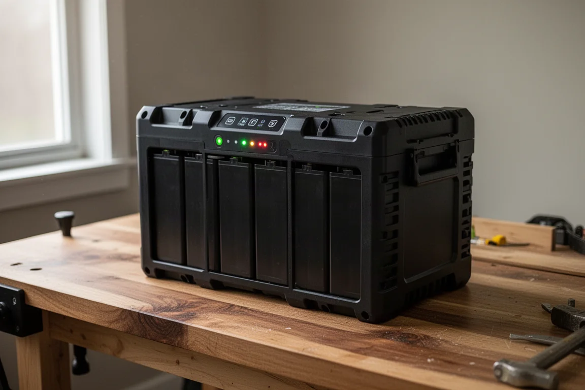 Black lithium battery pack with charge level lights on a wooden bench