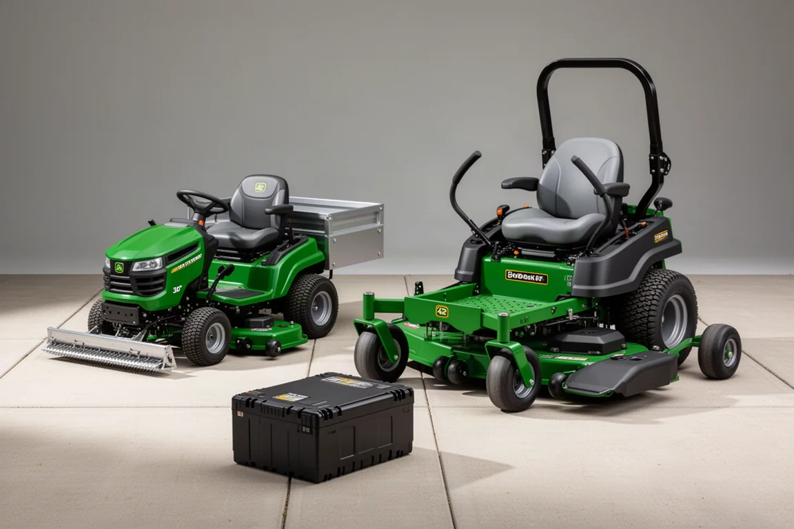 Compact 30-inch riding mower and 42-inch zero-turn mower beside a lithium battery on a driveway