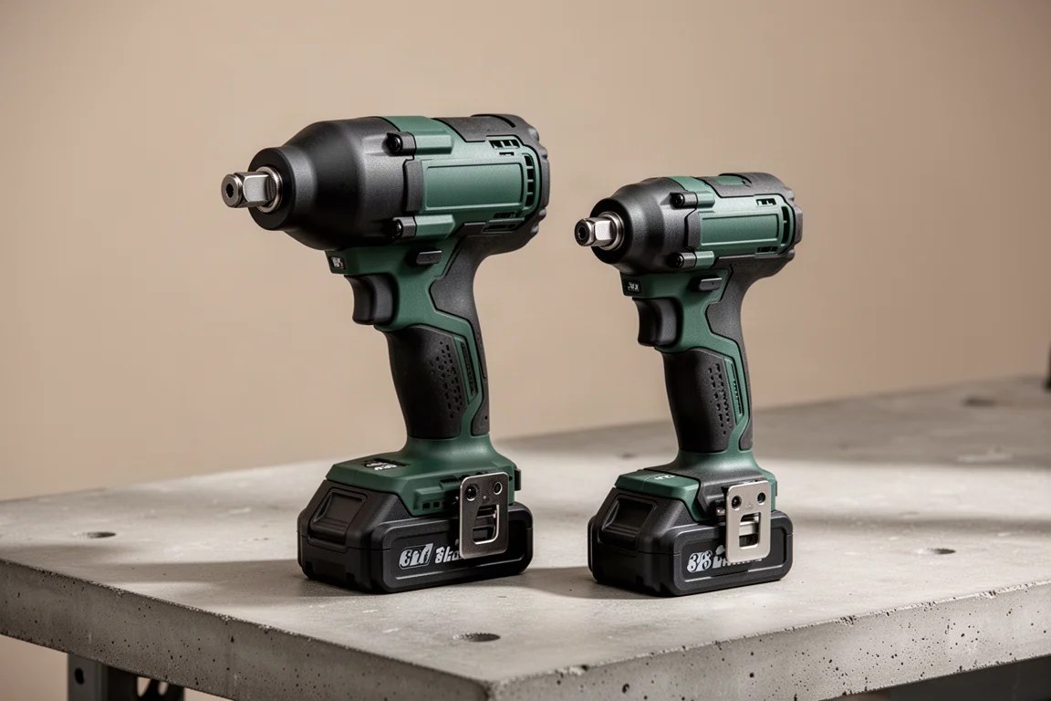 兩把 Ryobi 無線衝擊扳手並排放在水泥工作檯上