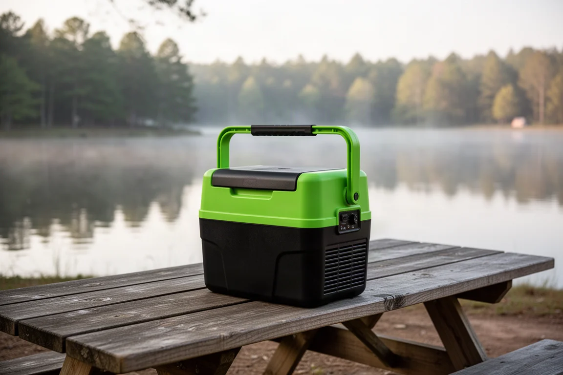 Portable electric cooler sitting on a picnic table at a lakeside campsite