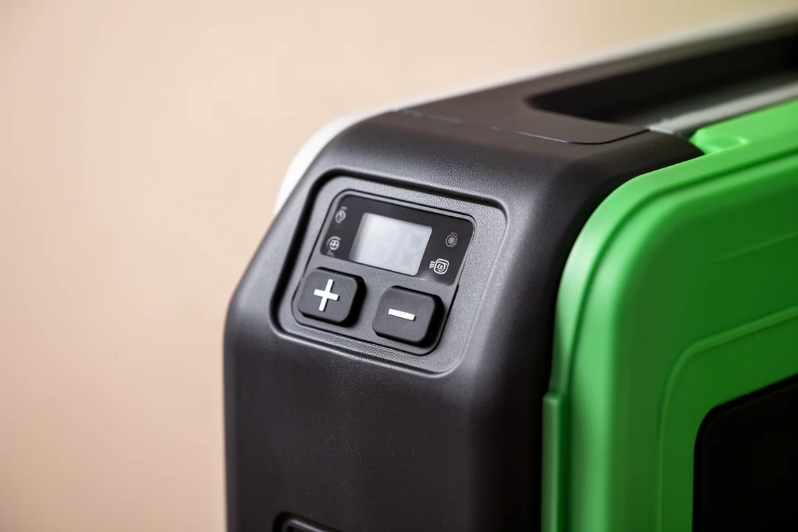 Digital temperature control panel on a portable cooler showing adjustment buttons