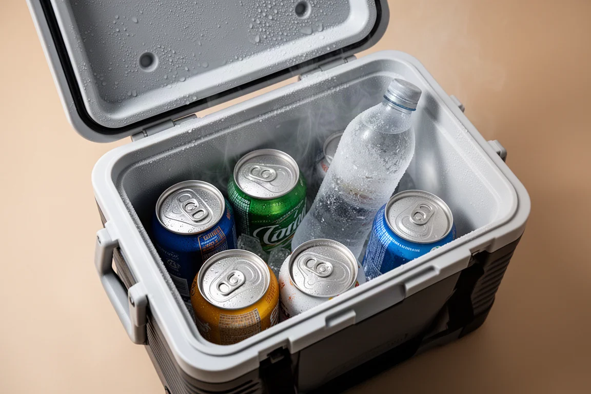 Beverage cans chilling in an open cooler lined with condensation