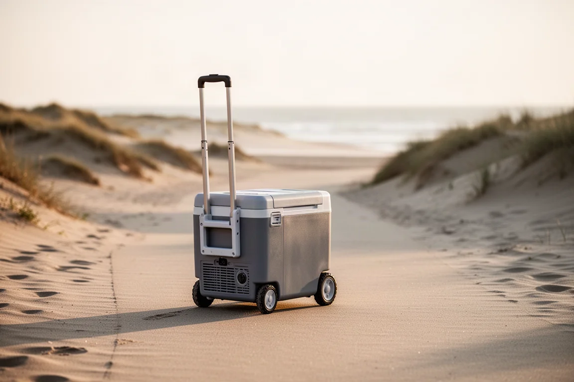 Portable cooler being pulled along a sandy path by its handle and small wheels
