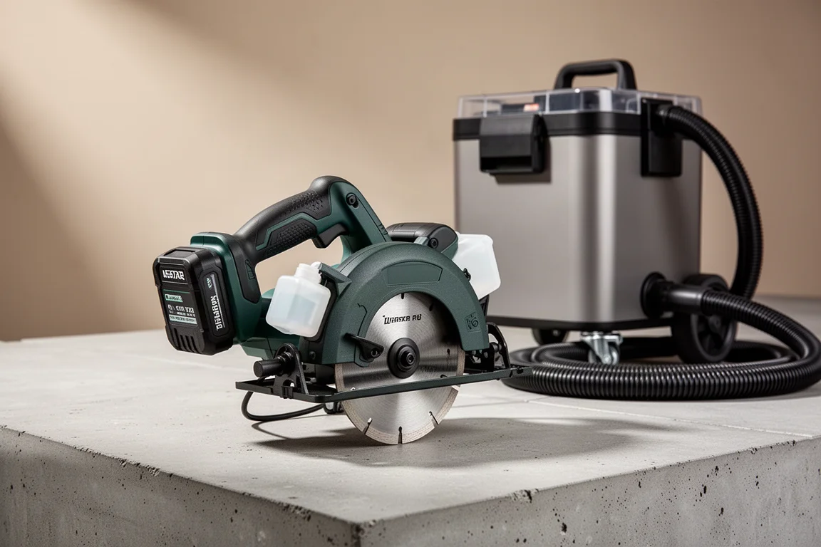 Sega per piastrelle a batteria e aspirapolvere da officina su ruote su una superficie in cemento