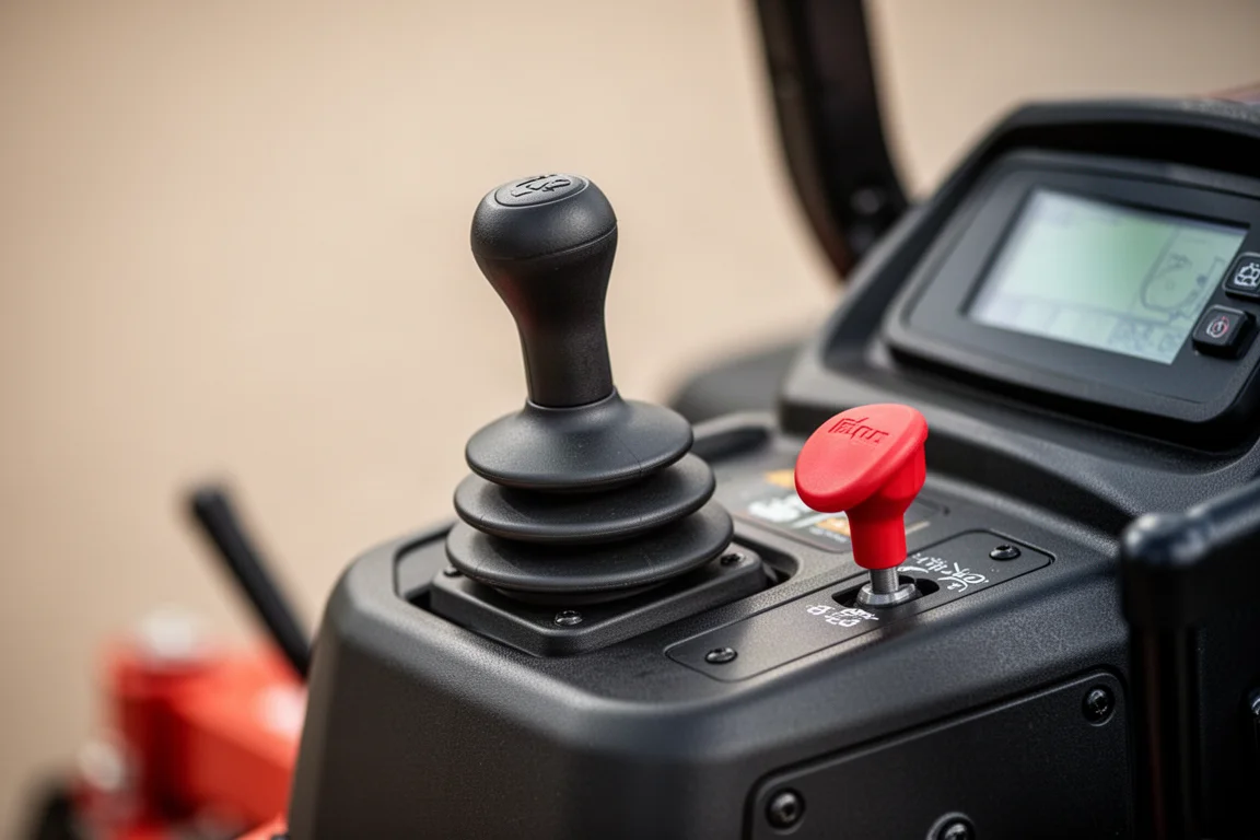 Hand van de bestuurder op een joystickbediening naast een rode knop voor de mesactivatie