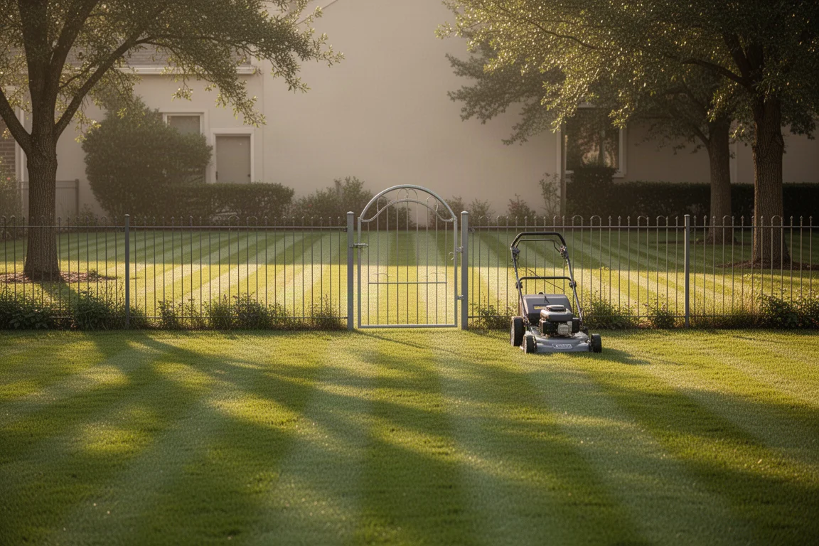 Brede suburbane gazon met een poortopening naar een omheind tuinperceel