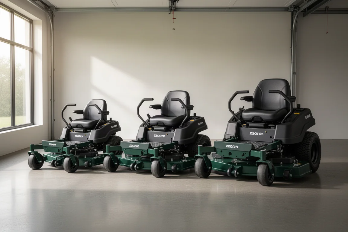 Tre rasaerba zero-turn a batteria con piatti di diverse dimensioni parcheggiati in un garage moderno