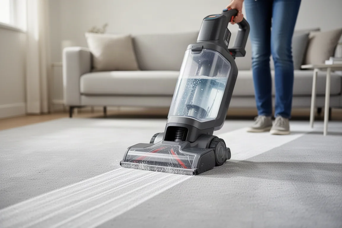 Laveur de moquette sans fil glissant sur un tapis de salon sans aucun fil attaché