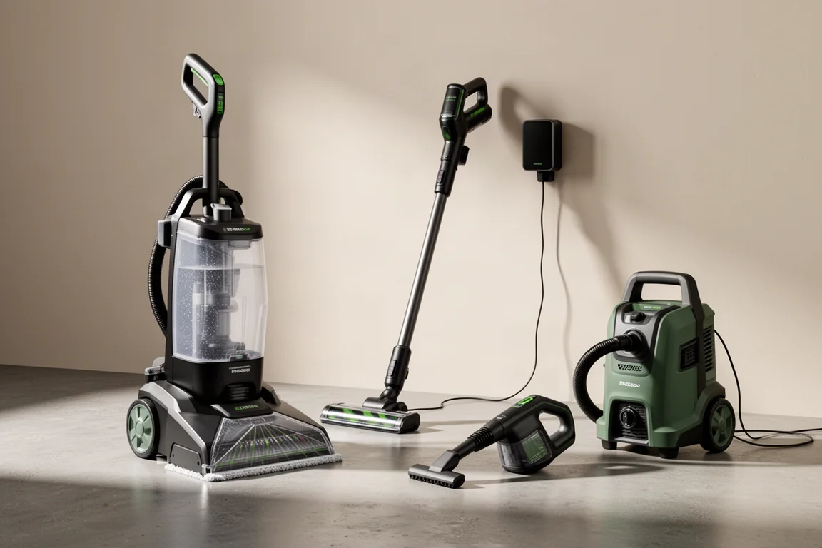 Assortment of cordless Ryobi cleaning tools including a carpet washer, stick vacuum, hand vac, and pressure washer on a concrete floor