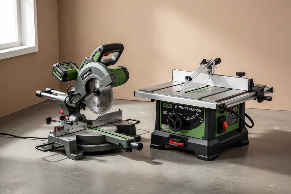 Troncatrice cordless Ryobi e circolare da banco compatta affiancate sul pavimento di cemento di un'officina
