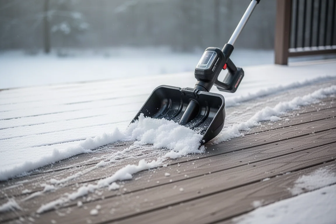 Cordless snow shovel clearing a light dusting of snow from a wooden deck
