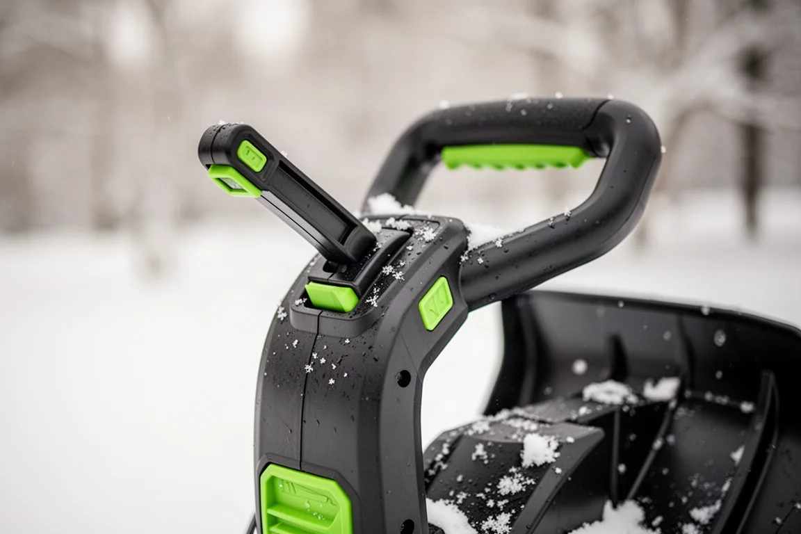 Close-up of the adjustable snow chute lever on top of a snow shovel handle