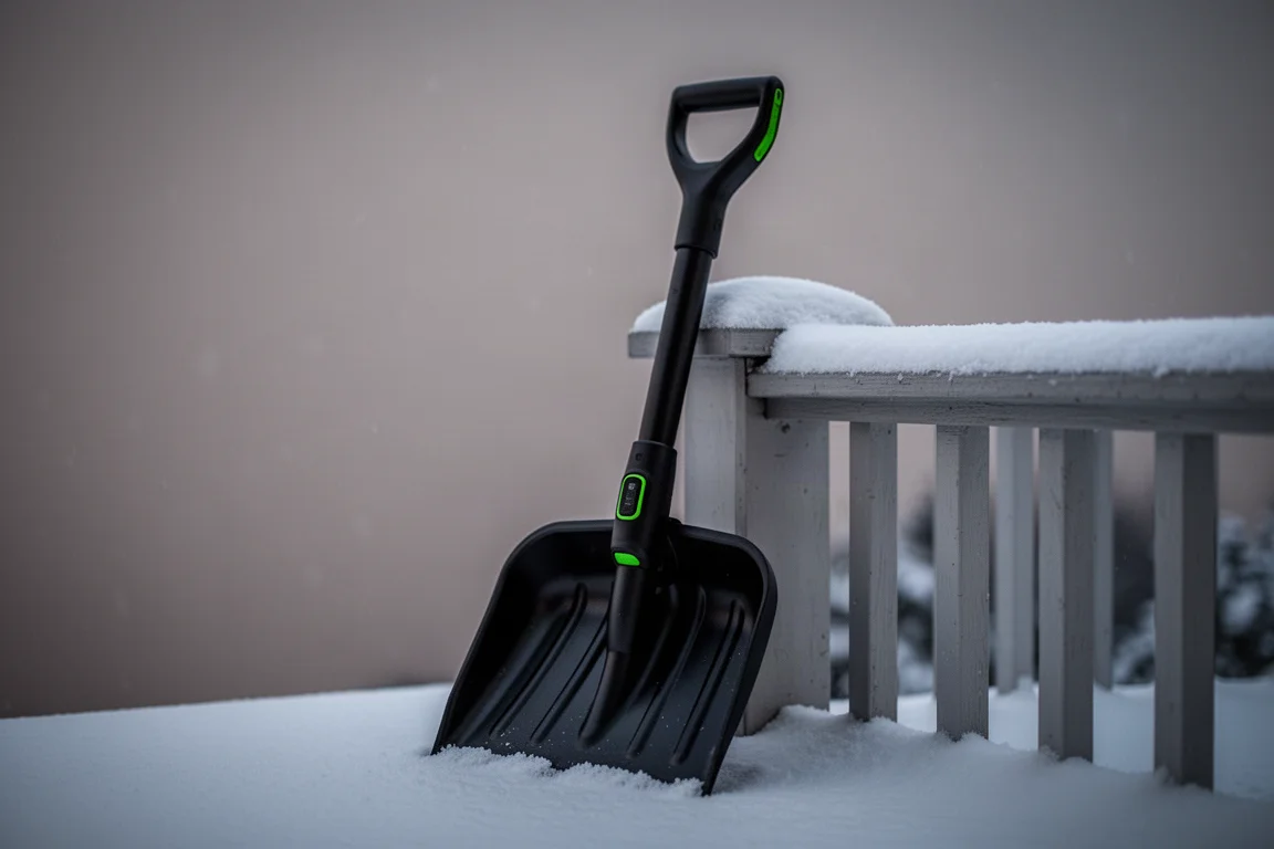 Matte black cordless snow shovel standing on a snow-dusted porch