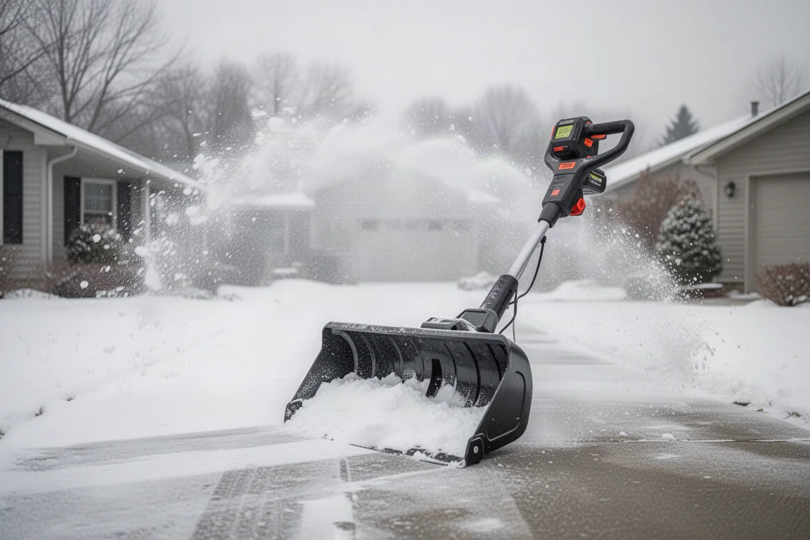 Larger 12-inch cordless snow shovel throwing a plume of snow across a driveway