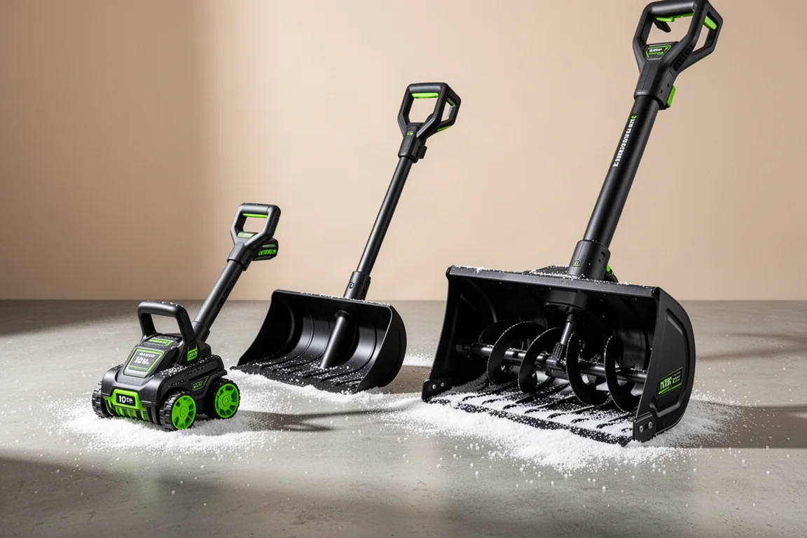 Three Ryobi cordless snow shovels lined up on a snow-dusted concrete surface