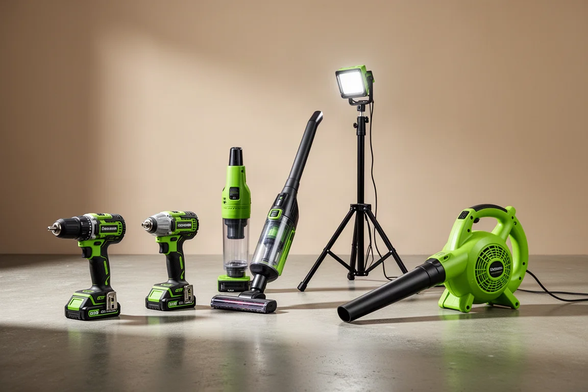 Row of green and black cordless power tools on a concrete workshop floor