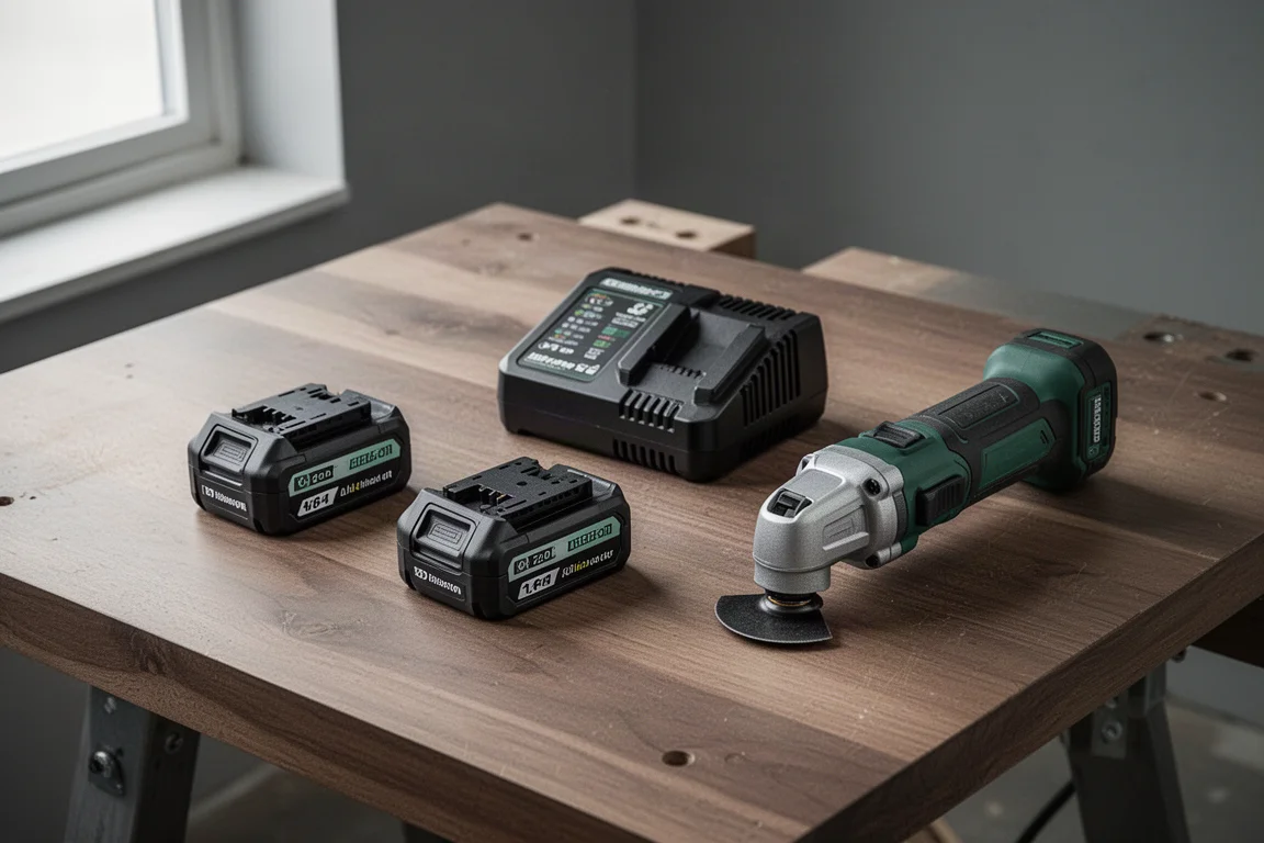 Sladdlös borr och batteripaket upplagda på en verkstadsbänk