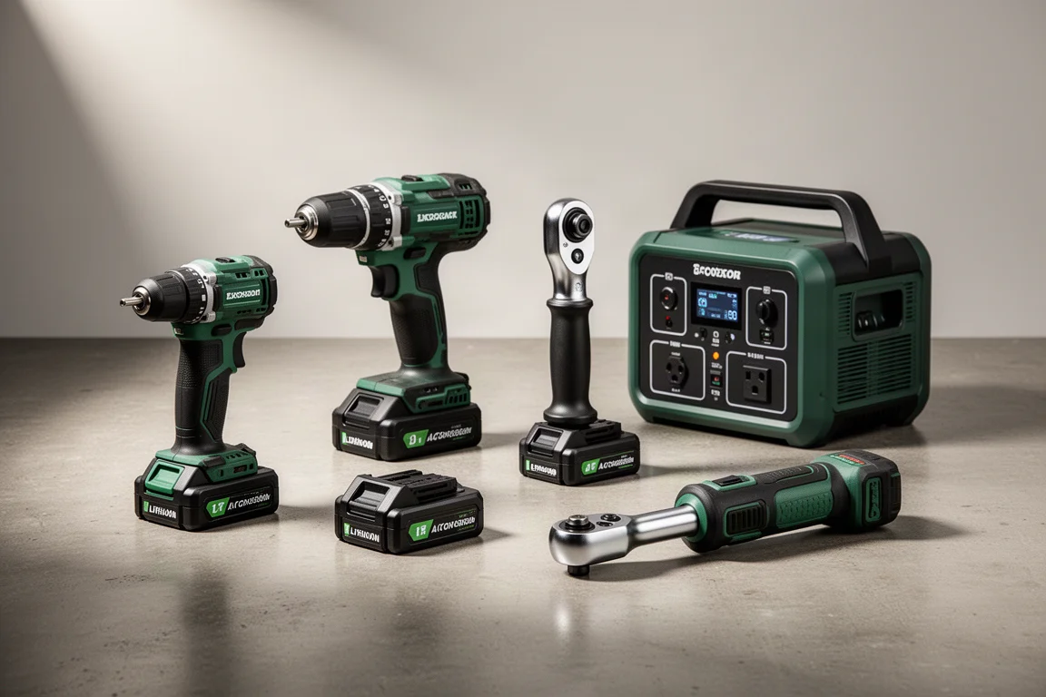 Cordless drill, battery packs, ratchet wrench, and power station arranged on a concrete workshop floor