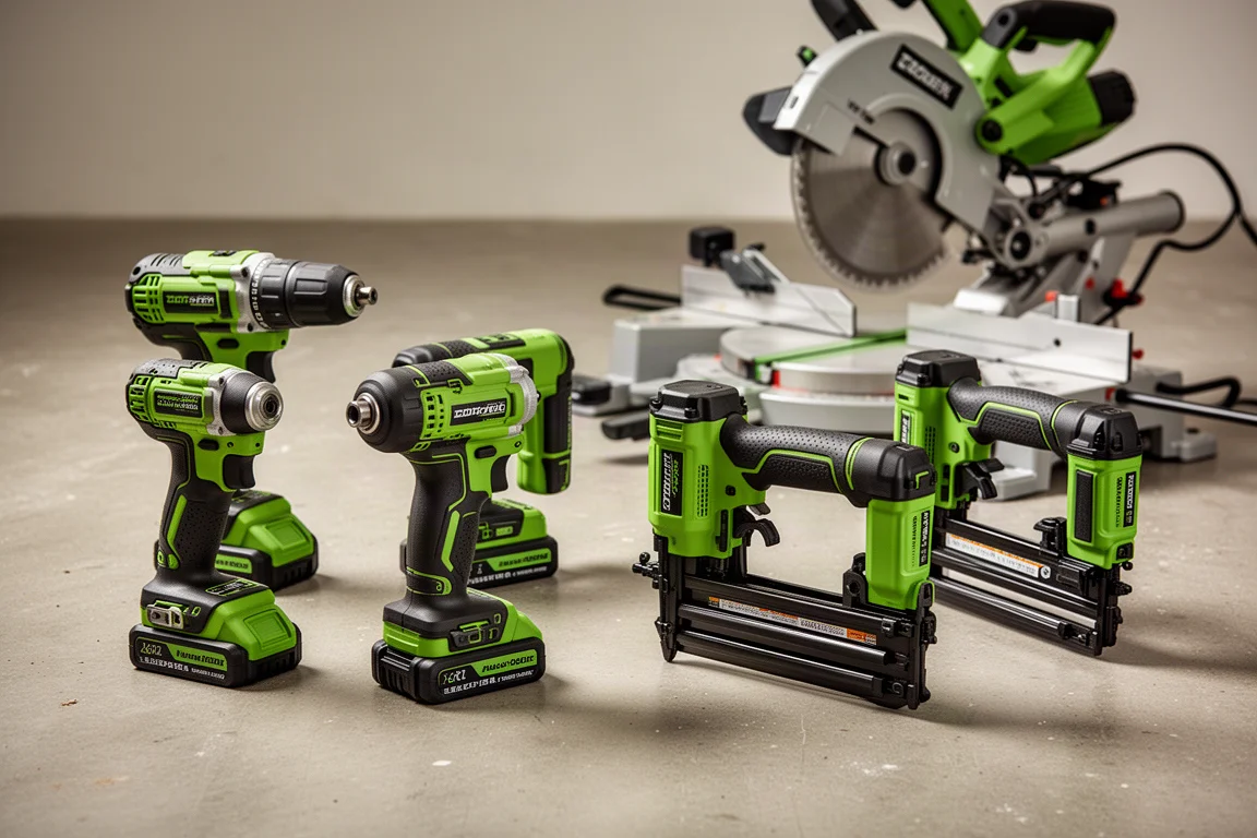 Assortment of cordless power tools with battery packs on a concrete workshop floor