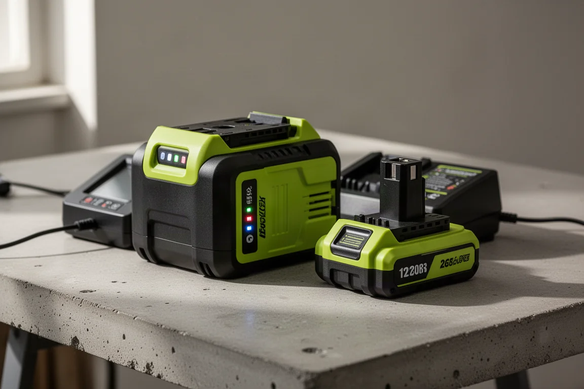 Two cordless tool battery packs and a charger arranged on a garage workbench