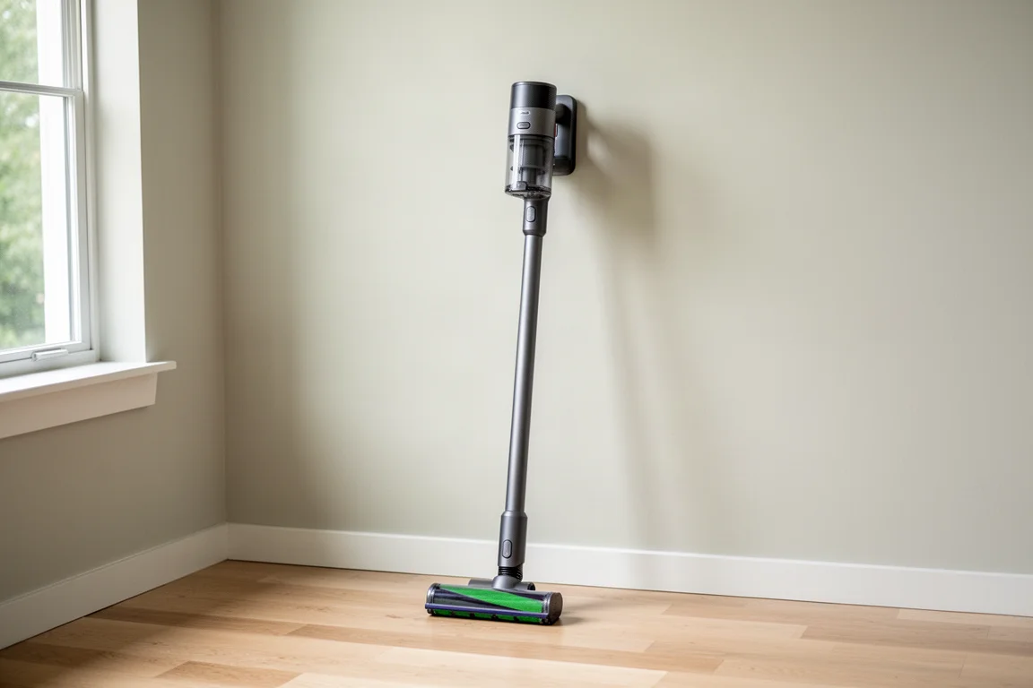 Cordless stick vacuum leaning against a wall in a bright home interior