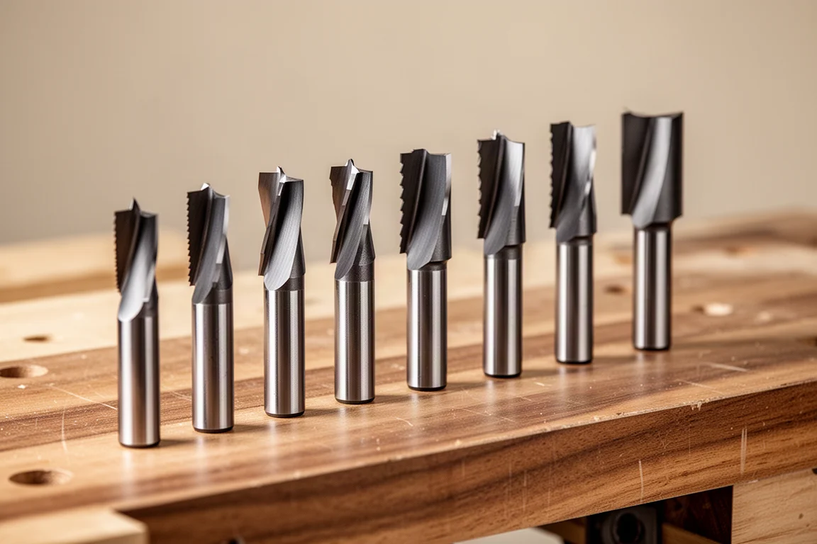 Assorted carbide router bits arranged in a row on a wooden workbench