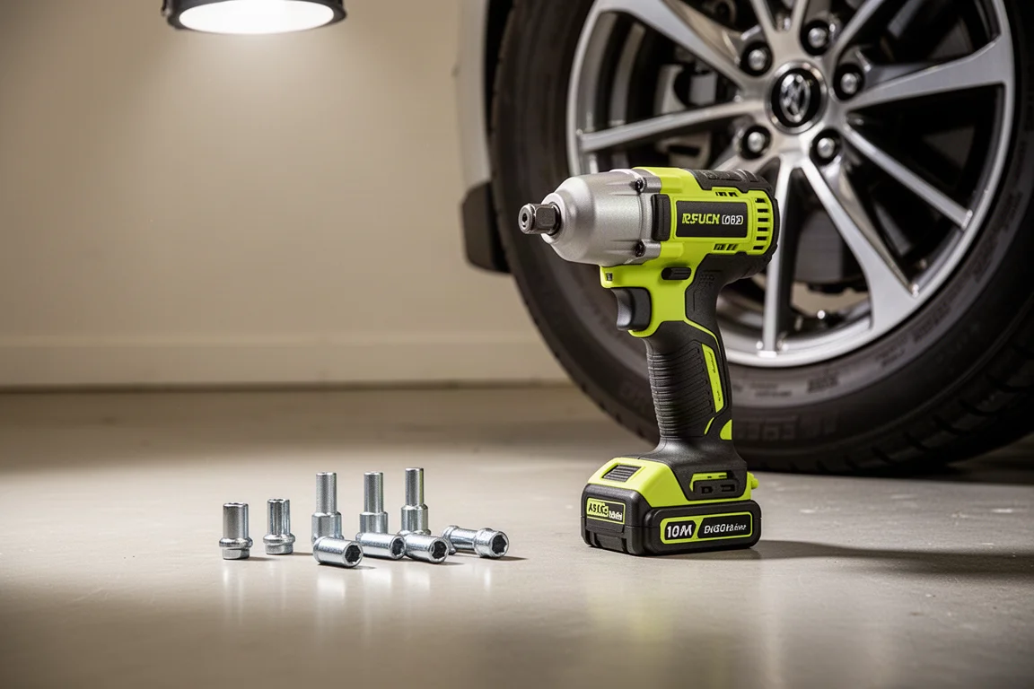 Cordless impact wrench resting on a garage floor next to a car wheel