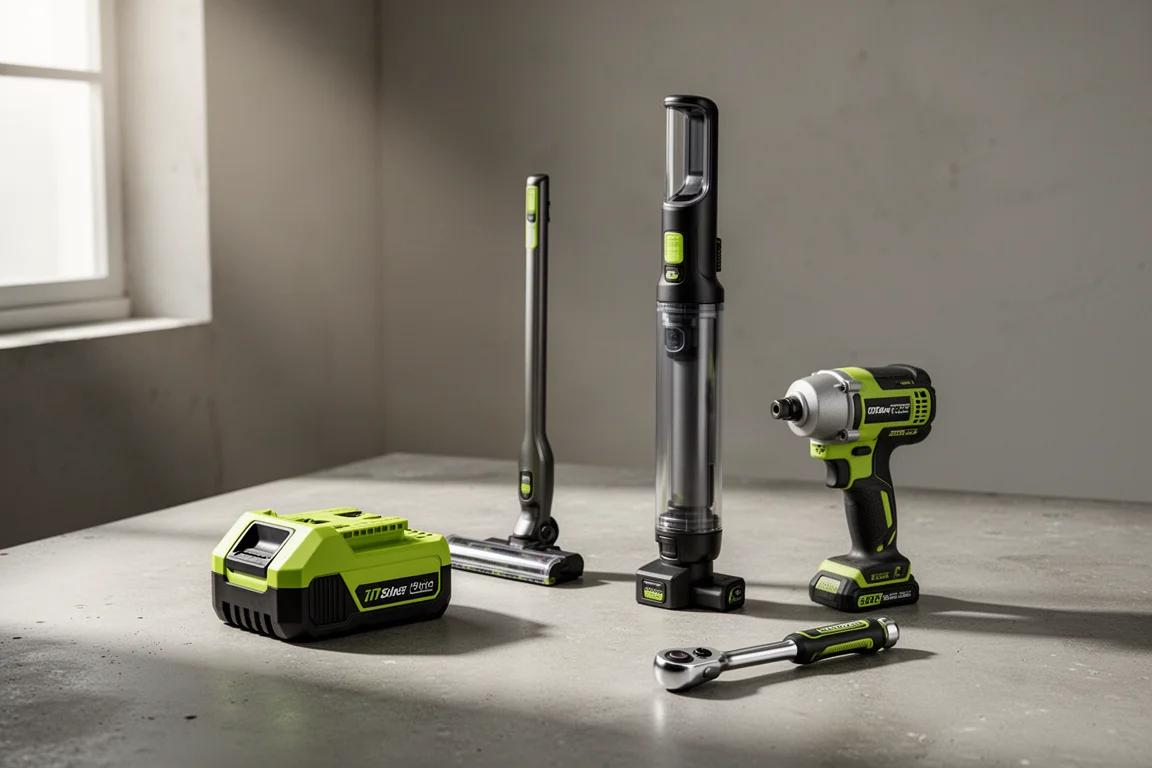 Assortimento di utensili elettrici a batteria tra cui batterie, un aspirapolvere a bastone, un avvitatore ad impulso e un cricchetto su cemento