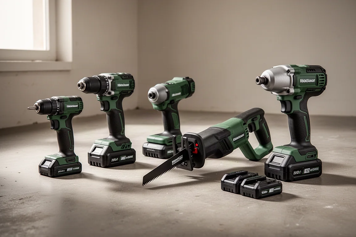 Cordless power tools and battery packs arranged on a concrete workshop floor
